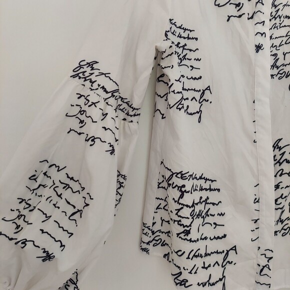 FHQ Womens M Shirt Script Top Ruffle Collar Button Front Poet Sleeves White - Picture 5 of 12